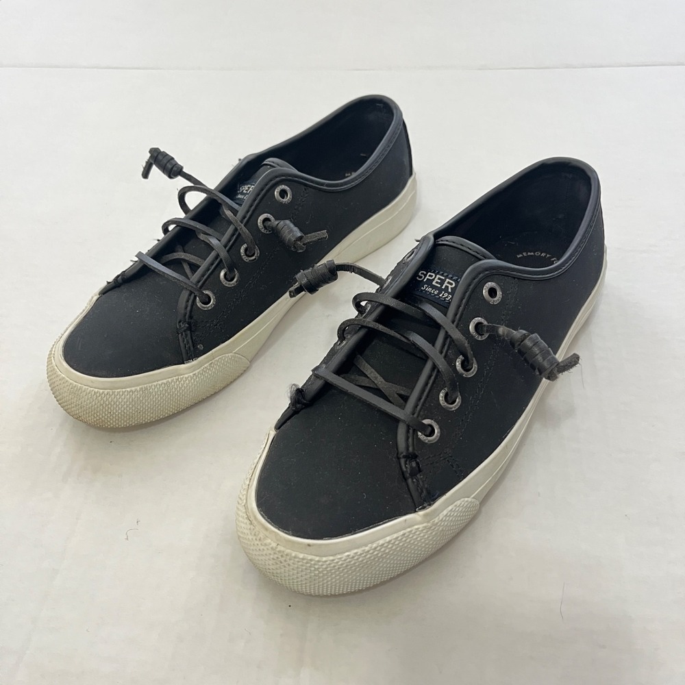 Sperry Crest Vibe Leather Sneakers Womens 5.5 Black Memory Foam Lace Up Coastal